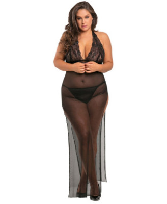 Nuisette longue grande taille fendue transparente 